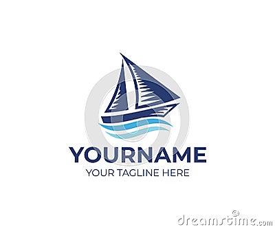 Sailboat on waves logo template. Ship and cruise travelling vector design Vector Illustration