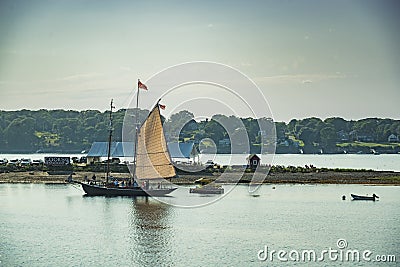 sailboats anchored in a bay of Maine coast fishing port Editorial Stock Photo