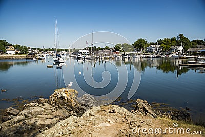 sailboats anchored in a bay of Maine coast fishing port Editorial Stock Photo