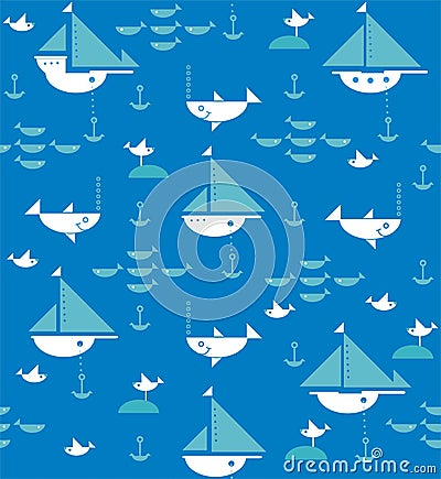 Sailboats with anchors, sharks, fish and sea gulls Stock Photo