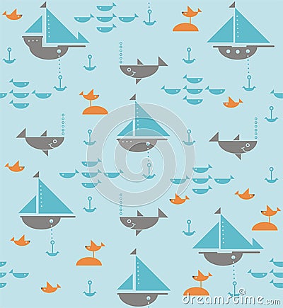 Sailboats with anchors, sharks, fish and sea gulls Stock Photo