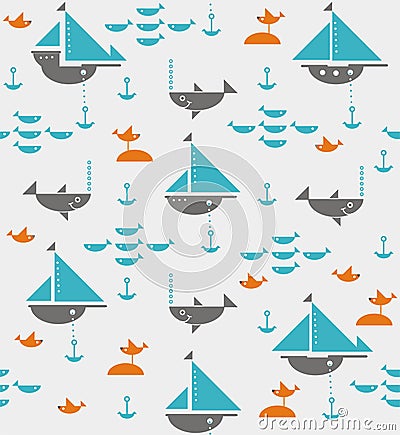 Sailboats with anchors, sharks, fish and sea gulls Stock Photo