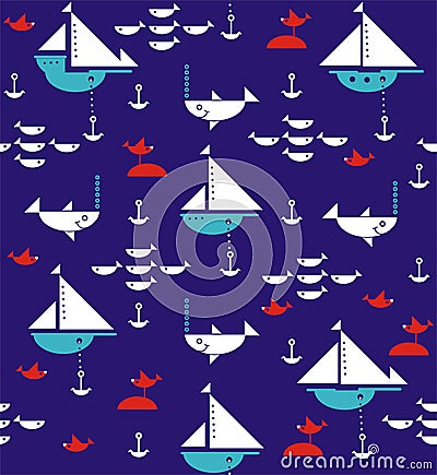 Sailboats with anchors, sharks, fish and sea gulls Stock Photo