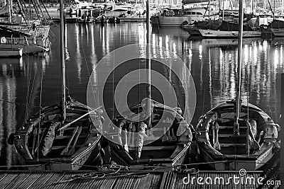 Sailboats Docked in Port at Night - Tel Aviv, Israel Editorial Stock Photo