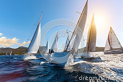 Sailboats elegantly cruising across the vast expanse of the stunning ocean waters Stock Photo