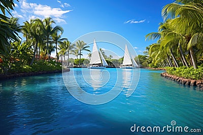 sailboats floating in tropical lagoon Stock Photo