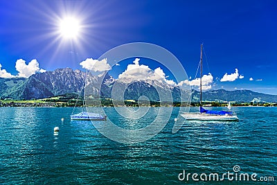 Sailboats in Lake Thun, Thunersee, Bern, Switzerland Stock Photo