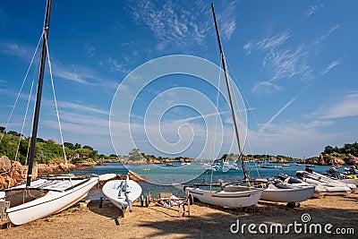 Sailboats on land on BrÃ©hat island in CÃ´tes d`Armor, Brittany France Stock Photo