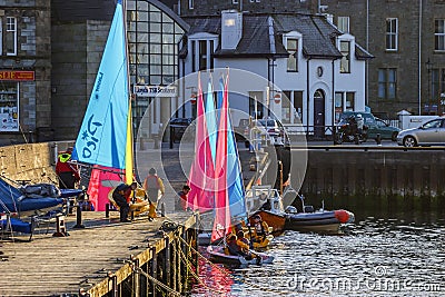 Sailboats landing at a jetty in the city of Lerwick in Shetland Editorial Stock Photo