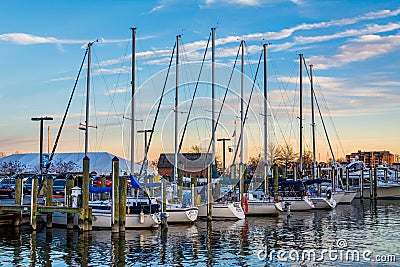 Sailboats in a marina at sunset, in Annapolis, Maryland. Editorial Stock Photo