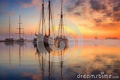 sailboats reflection on calm water at dawn Stock Photo