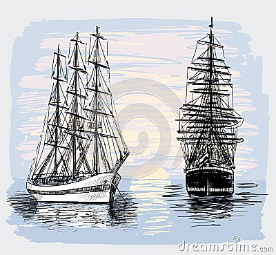 Sailboats in the sea at dawn Vector Illustration