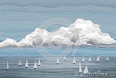 Sailboats in the sea vector landscape illustration Vector Illustration