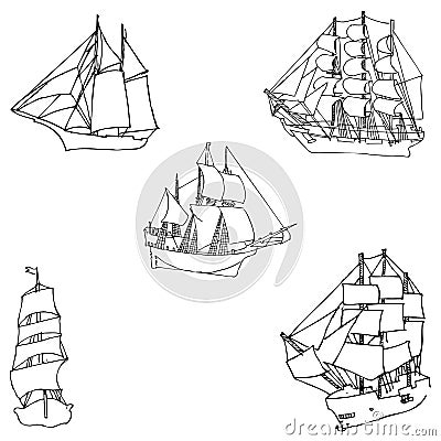 Sailboats. Sketch by hand. Pencil drawing by hand. Vector image. The image is thin lines Vector Illustration