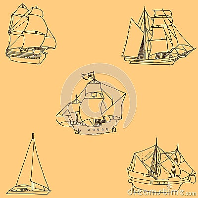 Sailboats. Sketch by hand. Pencil drawing by hand. Vector image. The image is thin lines. Vintage Vector Illustration