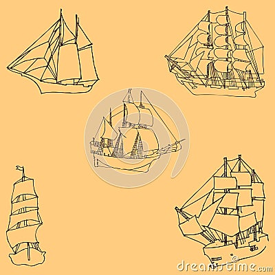 Sailboats. Sketch by hand. Pencil drawing by hand. Vector image. The image is thin lines. Vintage Vector Illustration