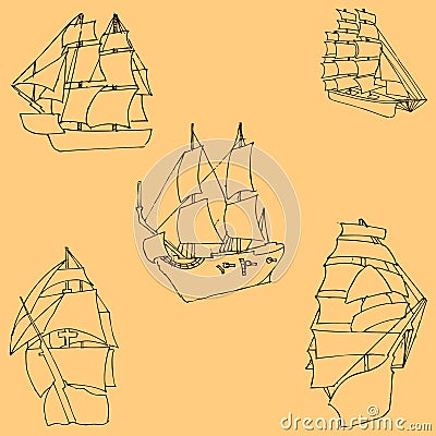 Sailboats. Sketch by hand. Pencil drawing by hand. Vector image. The image is thin lines. Vintage Vector Illustration