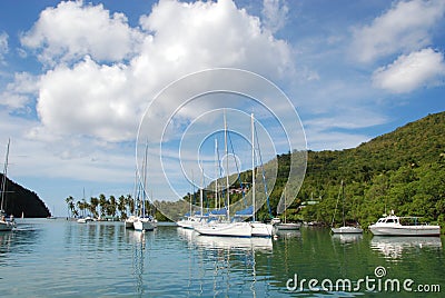 Sailboats in tropical harbor Stock Photo