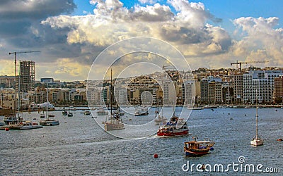 Sailboats and yachts in harbor reflects in water, Malta, Valletta, Europe Stock Photo