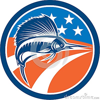 Sailfish Fish Jumping American Flag Circle Retro Stock Photo