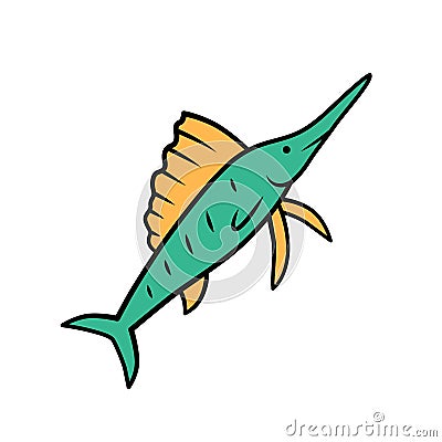 Sailfish green color icon. Swimming fish with sharp long nose. Undersea swordfish animal. Fishing. Aquatic creature Vector Illustration