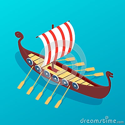 Sailing ancient wooden ship with oars. Military warship sea travel. Vector Illustration