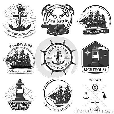 Sailing Black White Emblems Vector Illustration