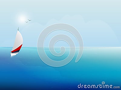 Sailing boat on the blue sea. Yacht and ocean. Background. Vector Illustration