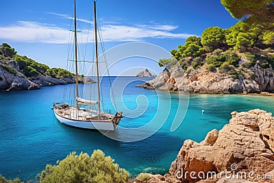 Sailing boat in Calanques, Costa Brava, Catalonia, Spain, Beautiful beach with sailing boat yacht, Cala Macarelleta, Menorca Stock Photo