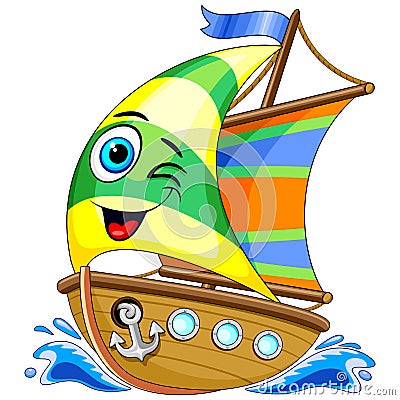 Sailing Boat Cute Cartoon Character Vector Illustration Vector Illustration