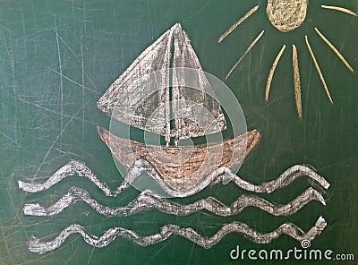 Sailing boat drawn on green chalk board Stock Photo