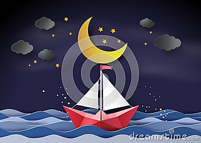 sailing boat floating on the sea in half moon. Vector Illustration