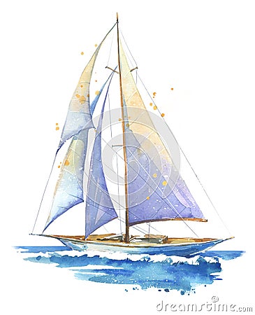 Sailing boat, hand painted watercolor illustration Cartoon Illustration