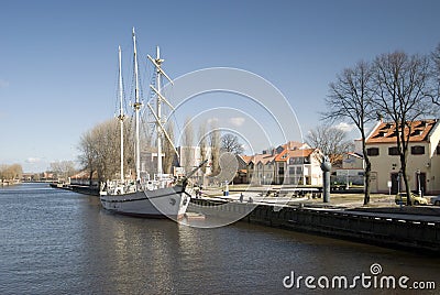 Sailing boat Meridianas, symbol of Klaipeda Stock Photo