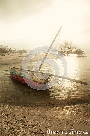 Sailing boat in the mist Stock Photo