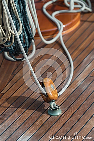 Closeup of pulley and rope on old sailing ship Stock Photo
