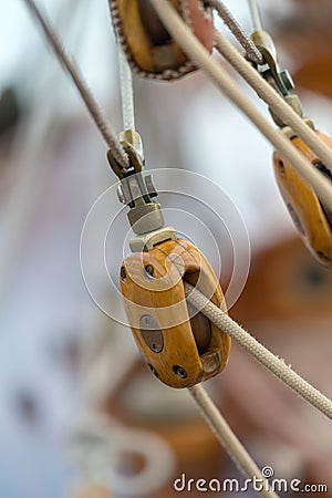 Pulley and rope on old sailing ship Stock Photo