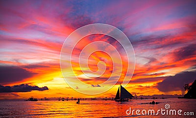 Sailing boat to the sunset Stock Photo