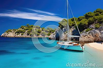 Sailing boat on the turquoise sea in Mallorca, Spain, Beautiful beach with sailing boat yacht, Cala Macarelleta, Menorca island, Stock Photo