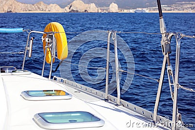 Sailing boating in ocean, ship at sea close up high quality image luxury experience Stock Photo