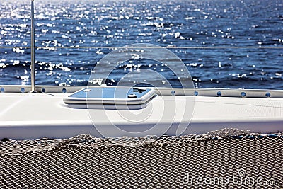 Sailing boating in ocean, ship at sea close up high quality image luxury experience Stock Photo