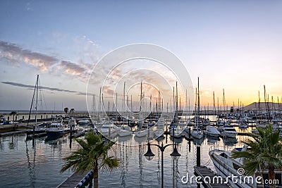 Sailing boats lie in the harbor Marina Rubicon on Lanzarote Editorial Stock Photo