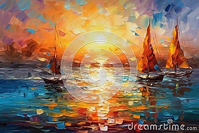 Sailing boats on the sea. Modern art oil painting. Seascape in the style of impressionism. Stock Photo