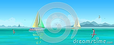 Sailing boats and seagulls flying over blue ocean. Cartoon Illustration