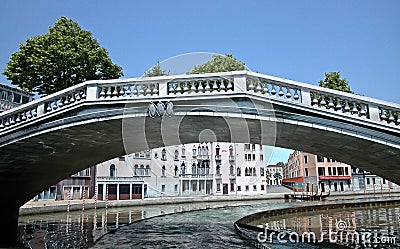 Sailing down the Grand Canal in the 1:5 scale reproduction of Venice at Italia in Miniatura. Italy Stock Photo
