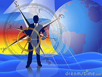 Businessman/banker/broker calmly navigating the financial markets with international currencies compass and world globe in background. : Dreamstime