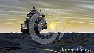 Sailing frigate at the meeting the sun Stock Photo