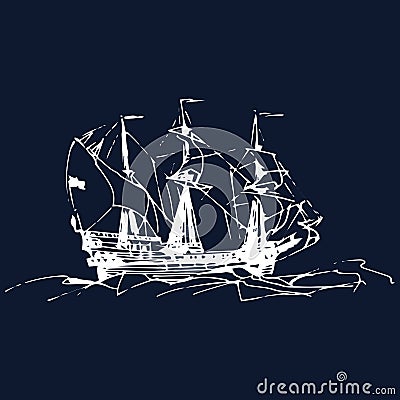 Sailing galleon ship in the ocean in ink line style. Vector hand sketched old warship. Marine theme design. Vector Illustration