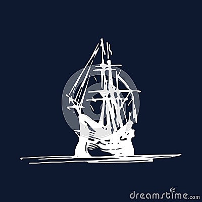 Sailing galleon ship in the ocean in ink line style. Vector hand sketched old warship. Marine theme design. Vector Illustration