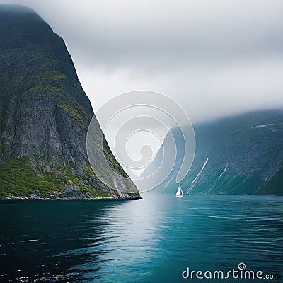 Sailing through the majestic fjords of in Scandinavian inspired Cartoon Illustration